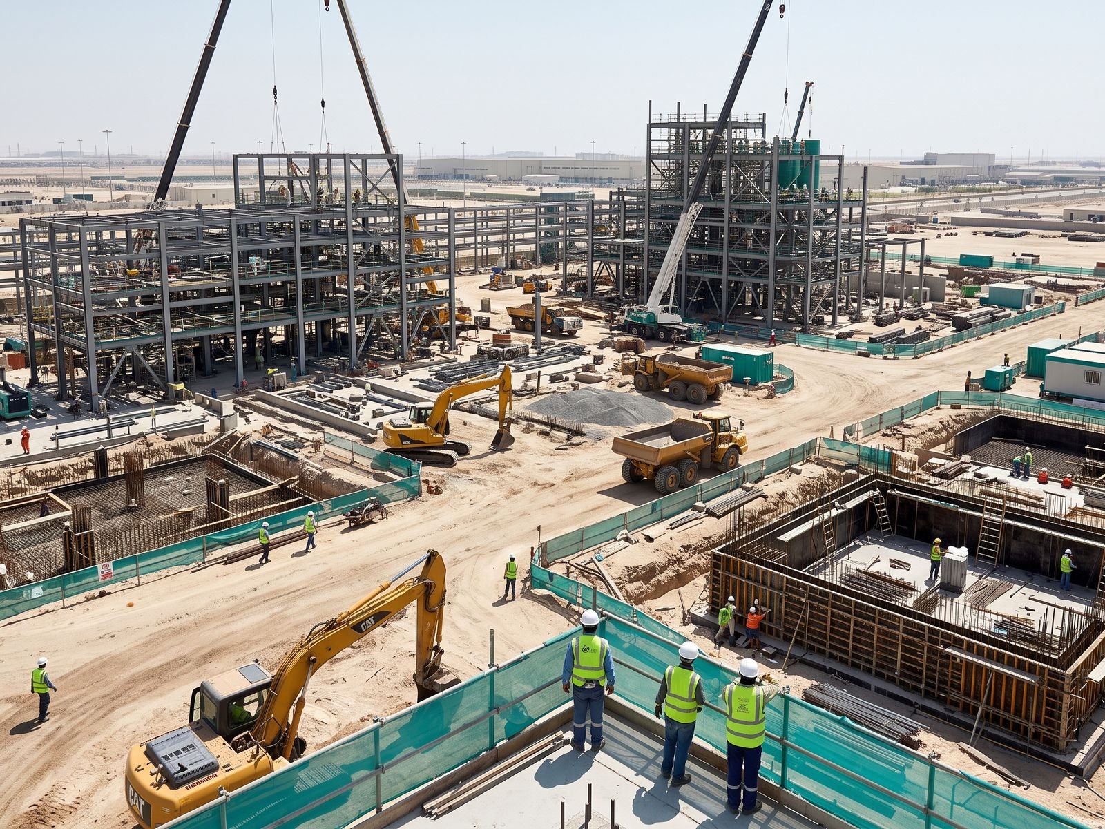 Industrial EPC construction site with cranes and foundation works in progress