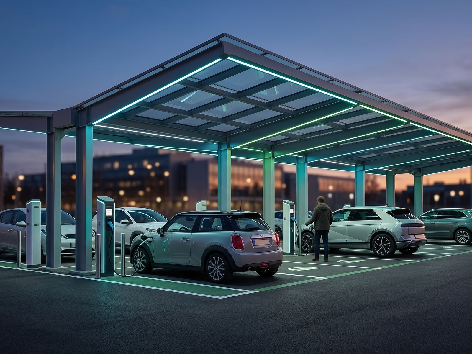 Electric cars charging under a canopy at a public EV charging hub at dusk