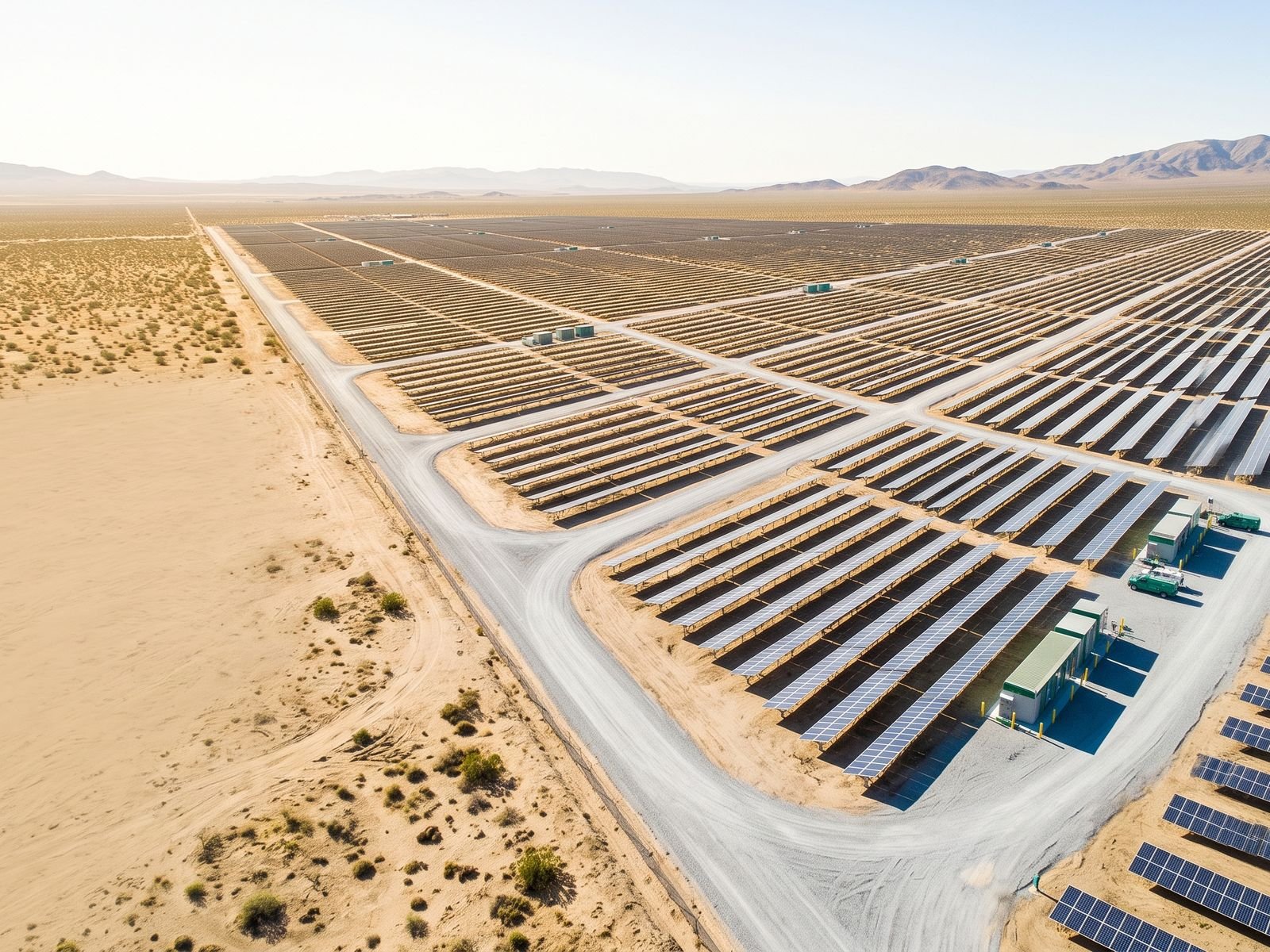 Aerial view of a utility scale solar power plant built by an engineering and clean energy company