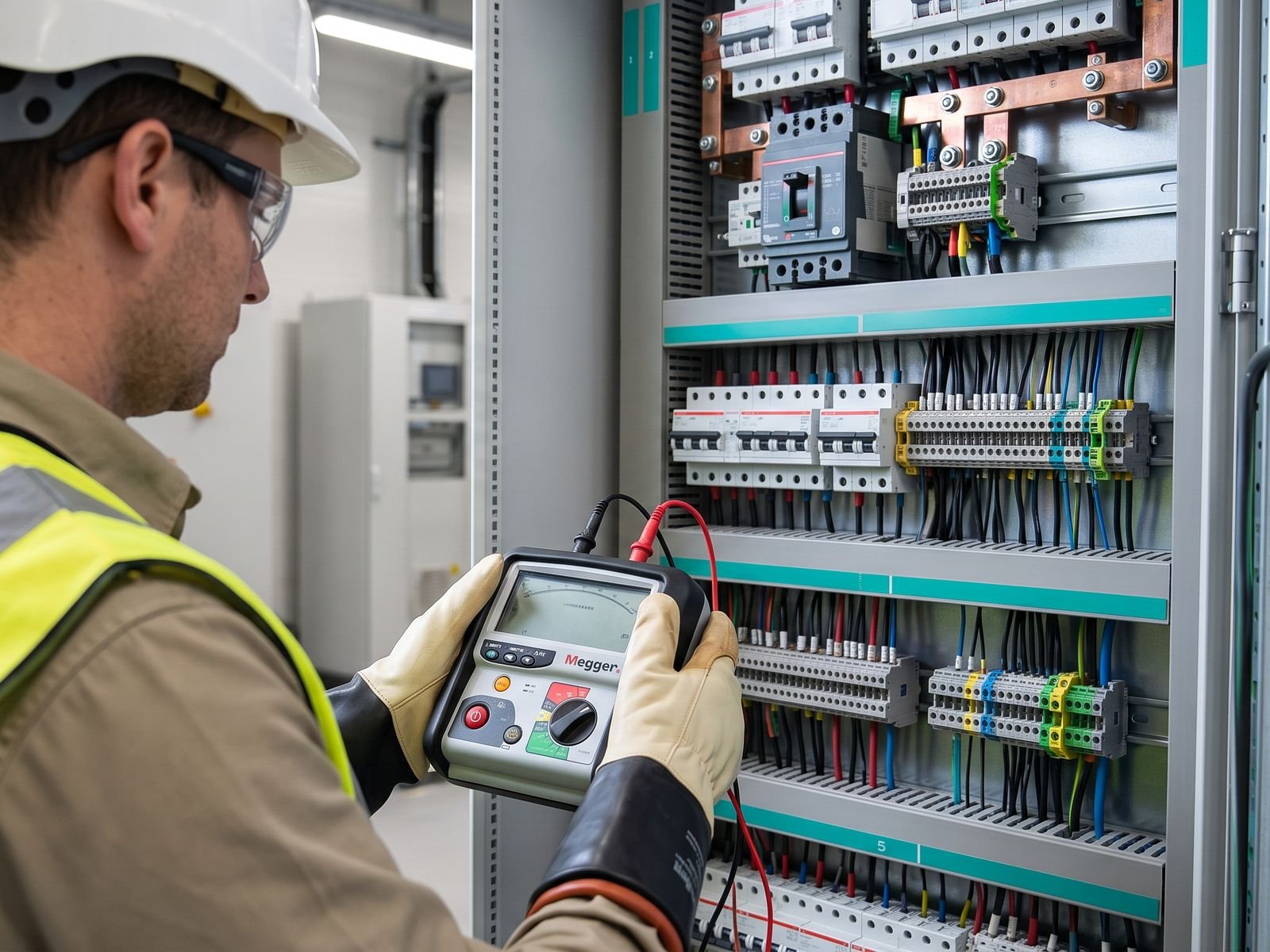 Commissioning engineer performing insulation resistance tests on a control panel